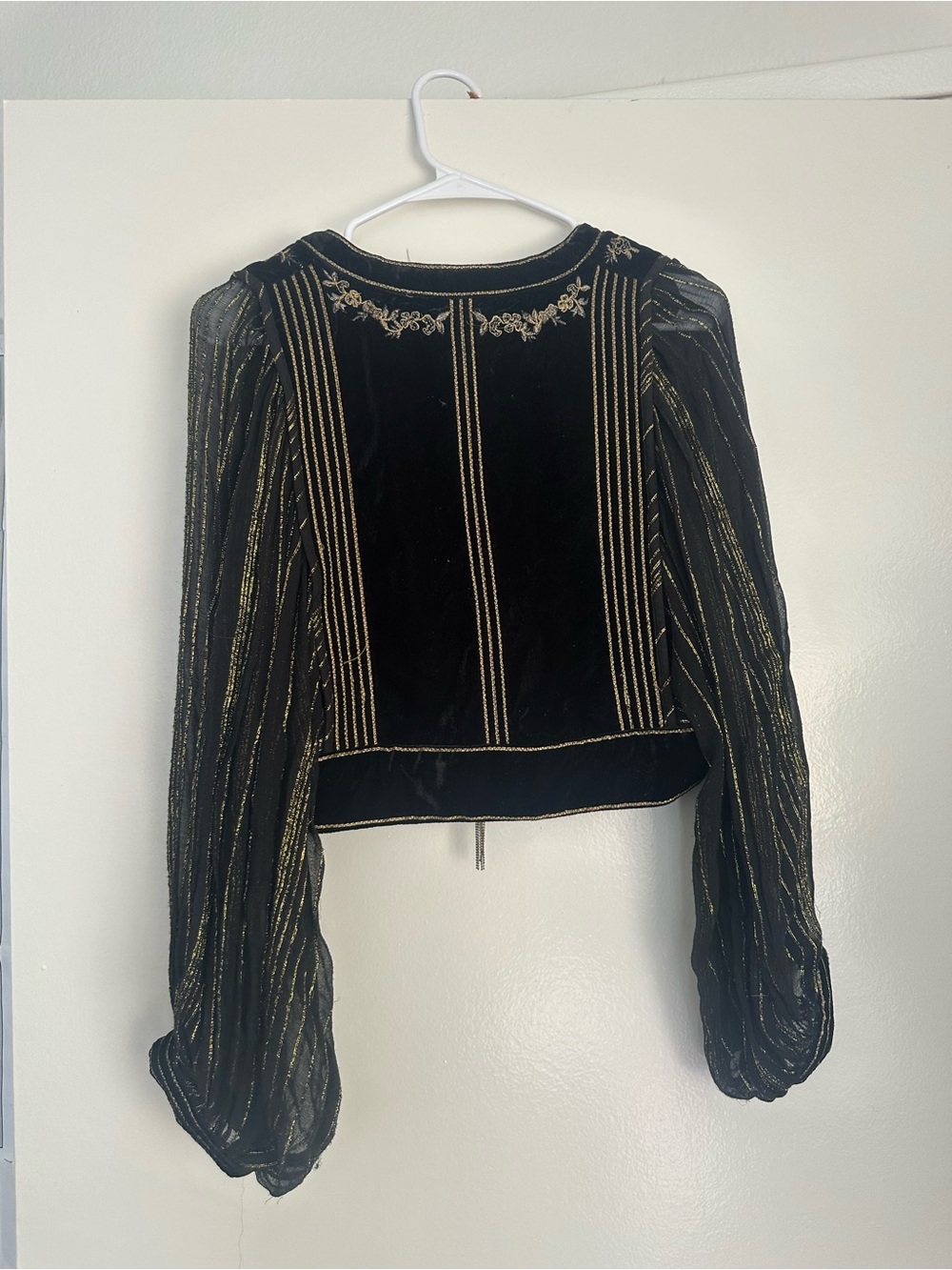 Zara Black Velvet Embroidered Cropped Jacket with Sheer Metallic-Striped Sleeves - Picture 6 of 6